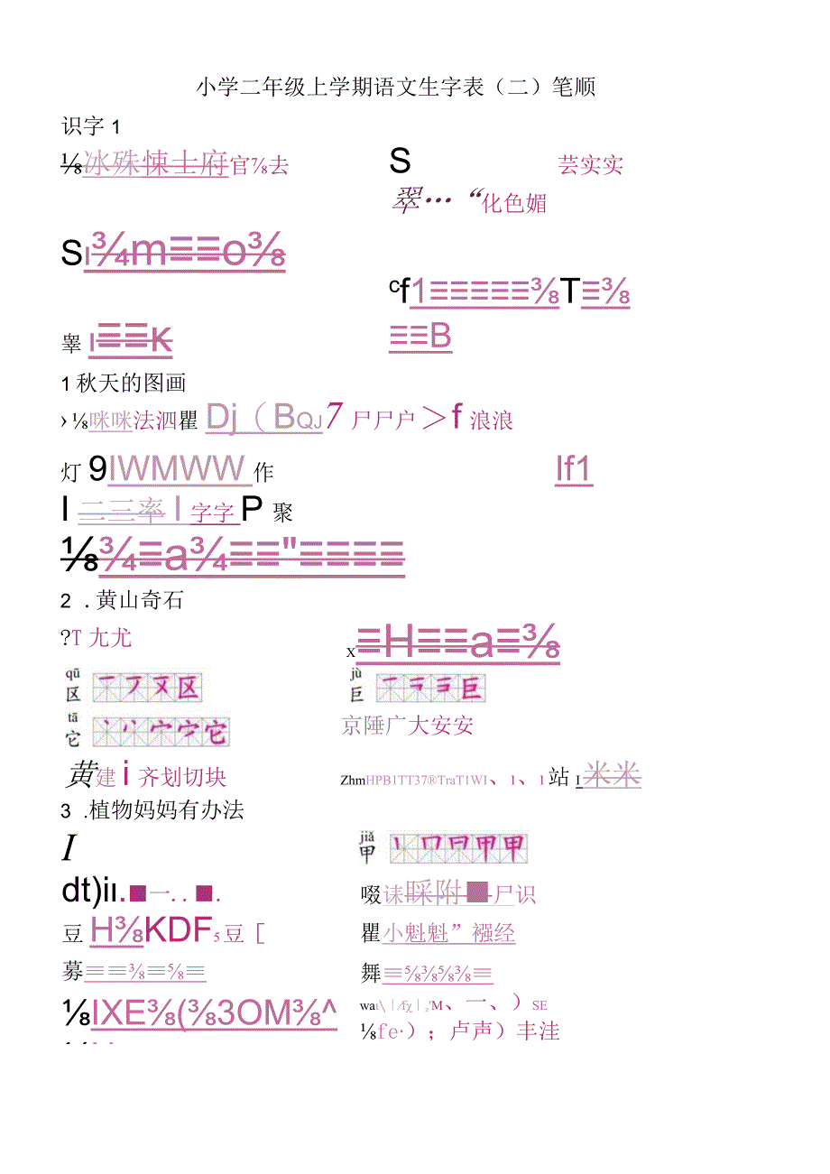 人教版二年级上册生字表(二)笔顺(正确版可打印)二上生字笔顺.docx_第2页