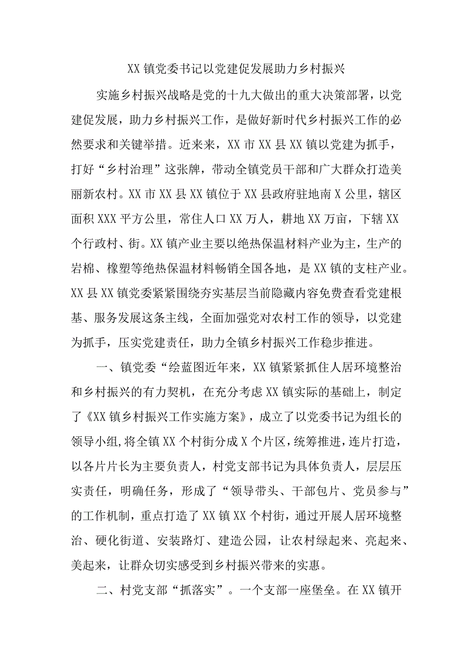 XX镇党委书记以党建促发展助力乡村振兴精选.docx_第1页