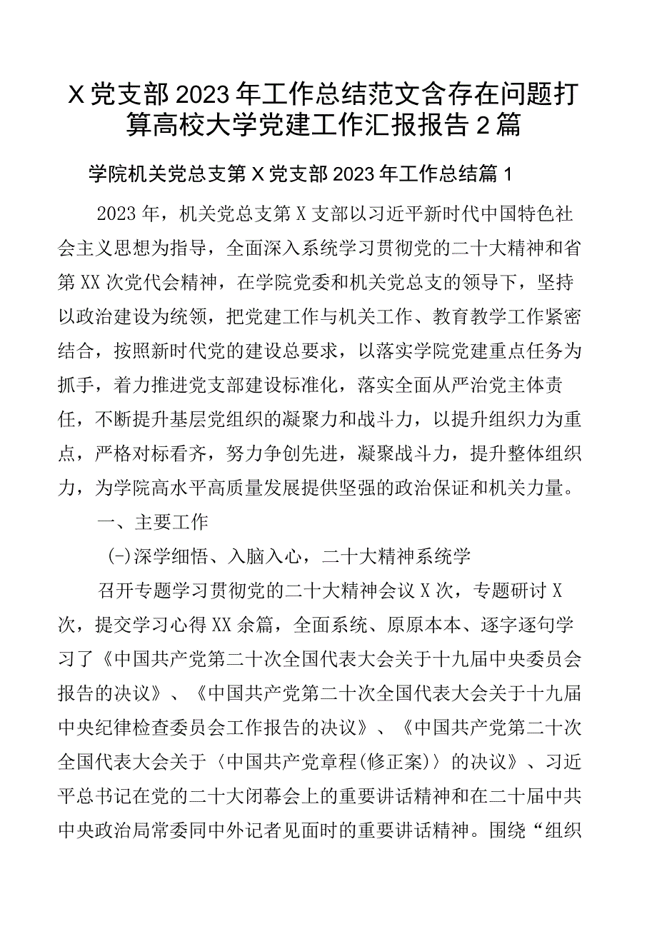 x党支部2023年工作总结范文含存在问题打算高校大学党建工作汇报报告2篇.docx_第1页