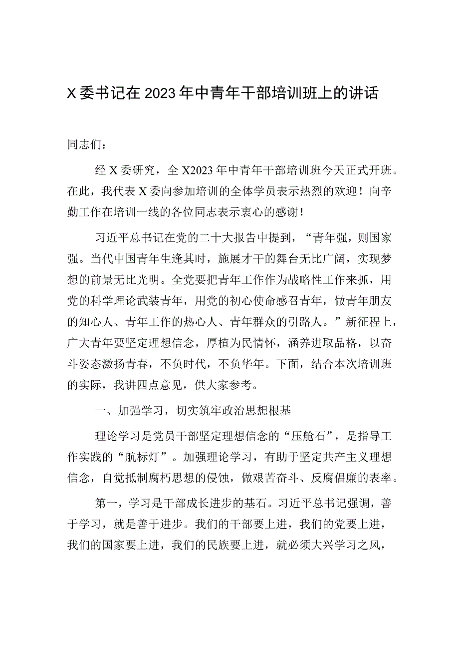 X委书记在2023年中青年干部培训班上的讲话.docx_第1页