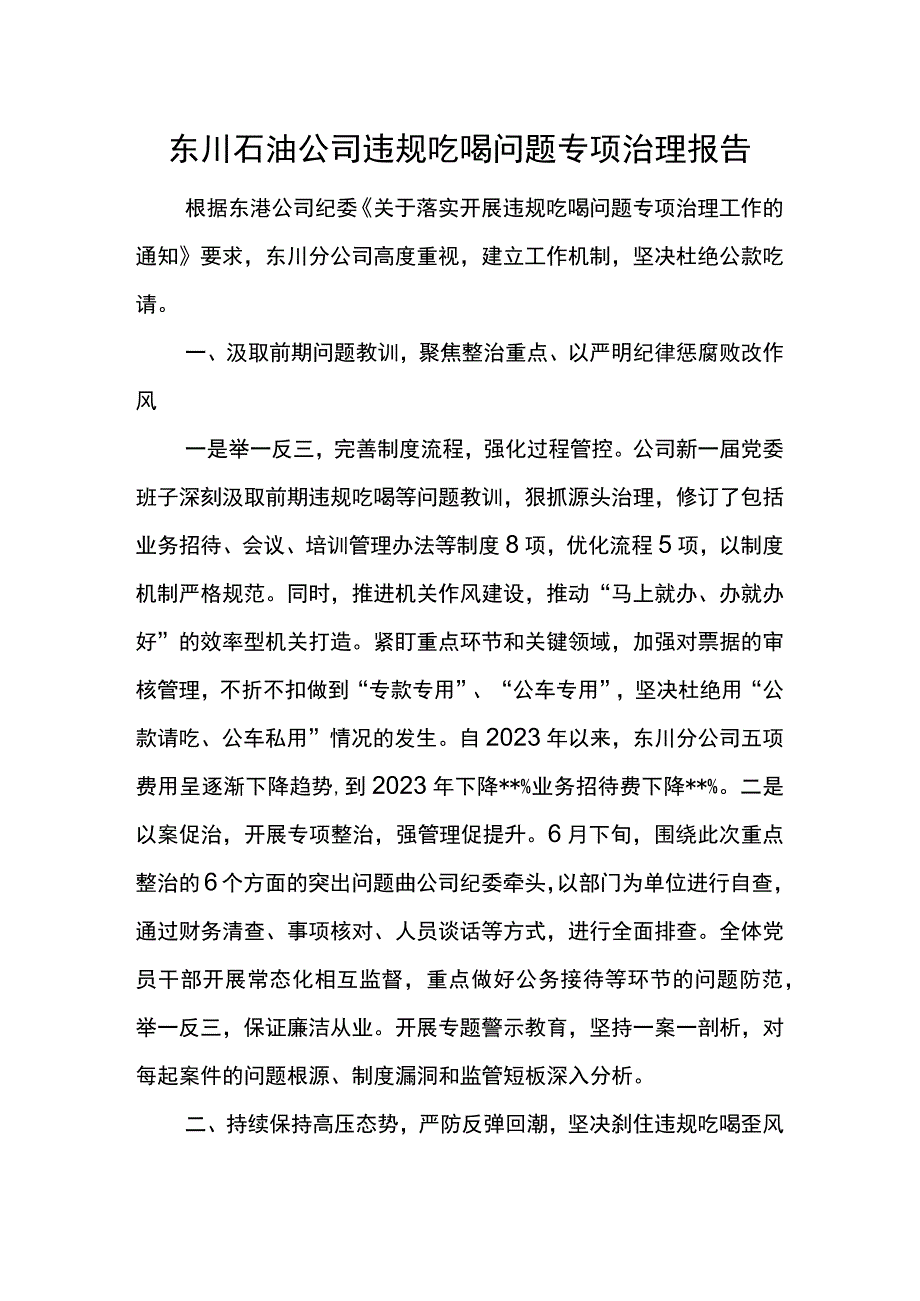 东川石油公司违规吃喝问题专项治理报告.docx_第1页