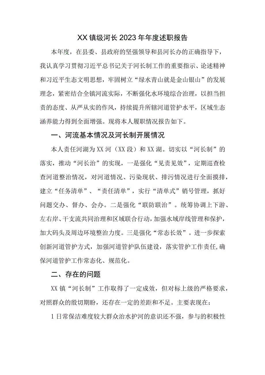 XX镇级河长2023年年度述职报告.docx_第1页