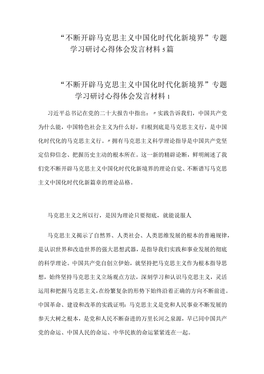 不断开辟马克思主义中国化时代化新境界专题学习研讨心得体会发言材料(1).docx_第1页