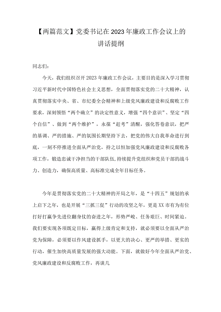 两篇范文党委书记在2023年廉政工作会议上的讲话提纲.docx_第1页