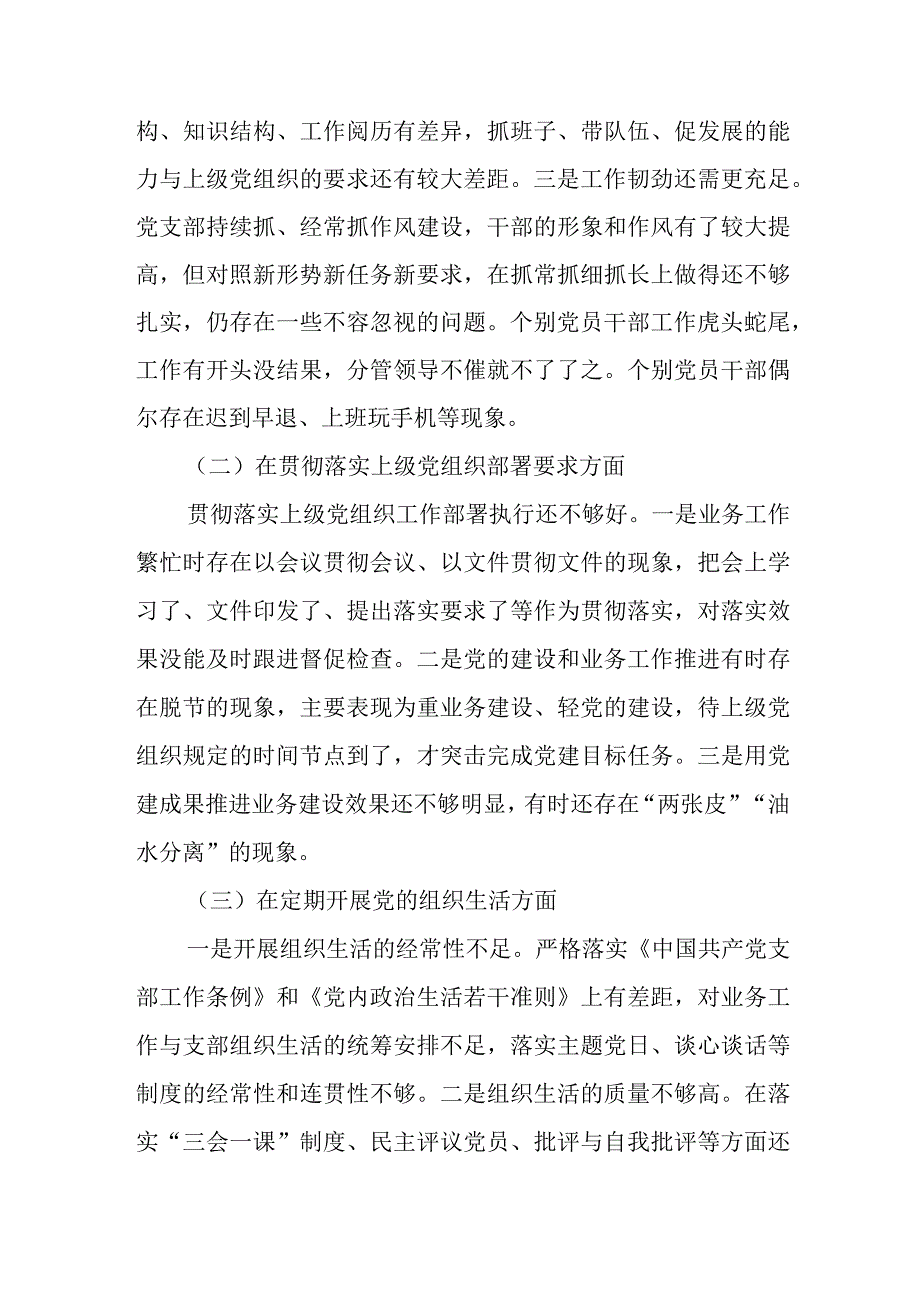 党支部班子在定期开展党的组织生活严格党员日常教育管理监督等六个方面2023年度组织生活会对照检查材料.docx_第3页