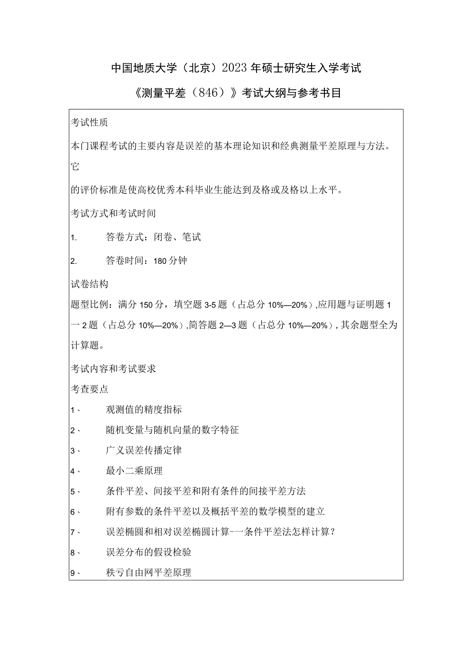 中国地质大学北京2023年硕士测量平差846考试大纲与参考书目.docx_第1页