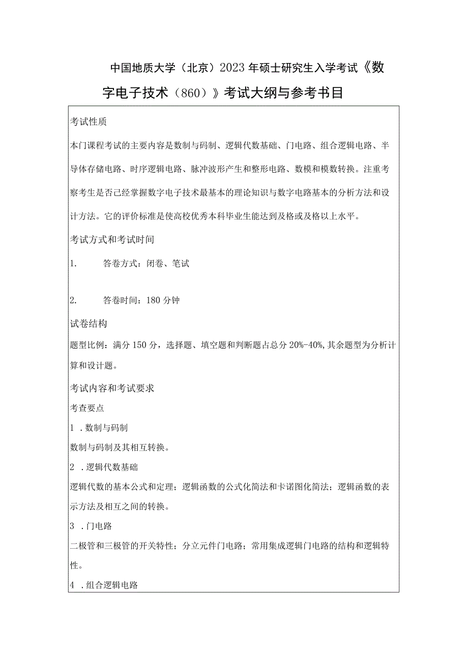 中国地质大学北京2023年硕士数字电子技术860考试大纲与参考书目.docx_第1页