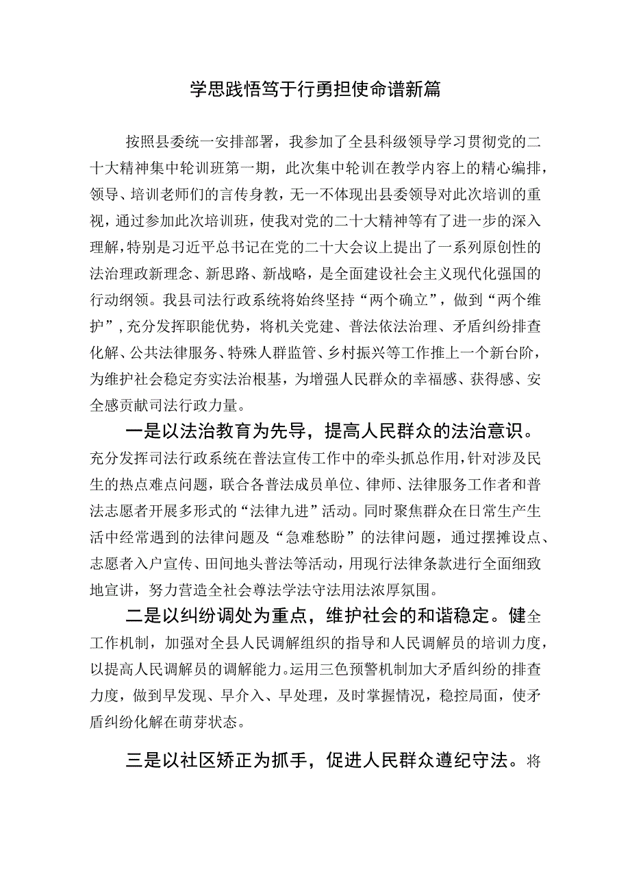 党的二十大精神轮训班学习心得体会：学思践悟笃于行勇担使命谱新篇.docx_第1页