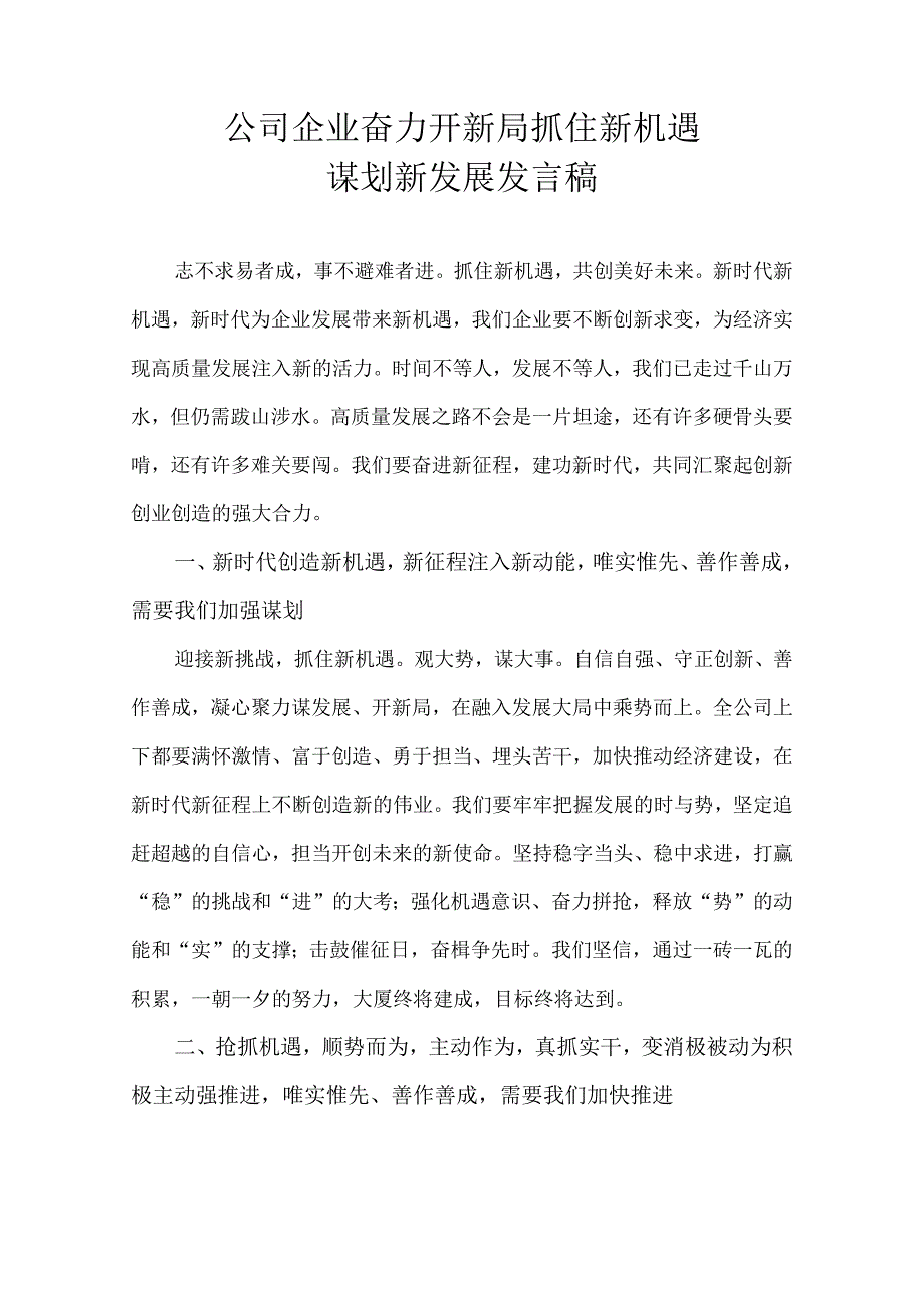 公司企业奋力开新局抓住新机遇谋划新发展发言稿.docx_第1页