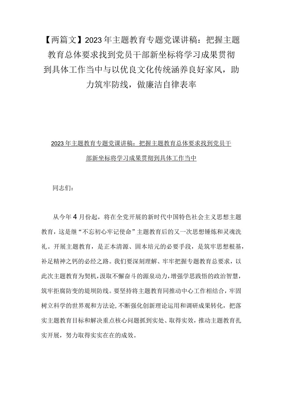 两篇文2023年主题教育专题党课讲稿：把握主题教育总体要求找到党员干部新坐标将学习成果贯彻到具体工作当中与以优良文化传统涵养良好家.docx_第1页