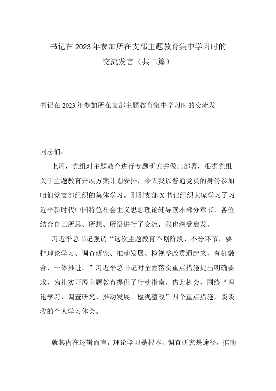 书记在2023年参加所在支部主题教育集中学习时的交流发言(共二篇).docx_第1页