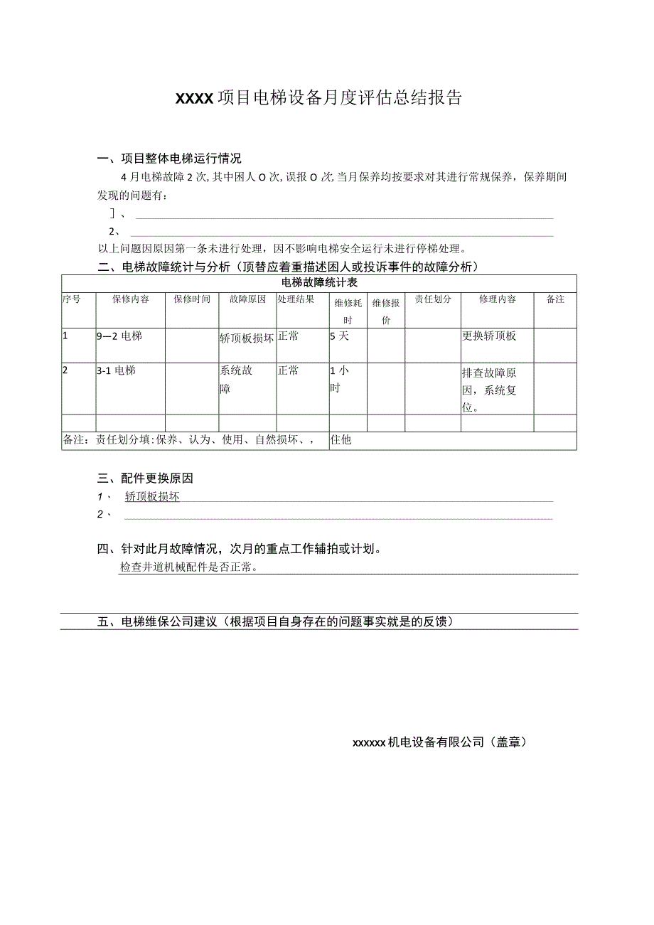 xx项目电梯设备月度评估总结报告.docx_第1页