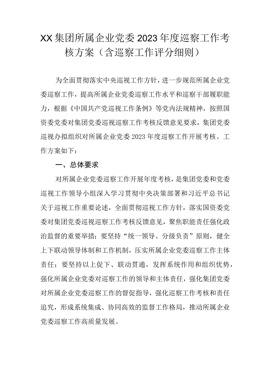 XX集团所属企业党委2023年度巡察工作考核方案含巡察工作评分细则.docx_第1页