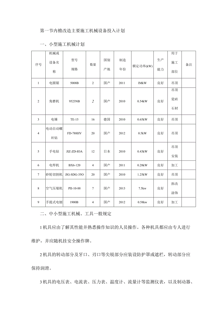 内檐改造主要施工机械设备投入计划.docx_第1页