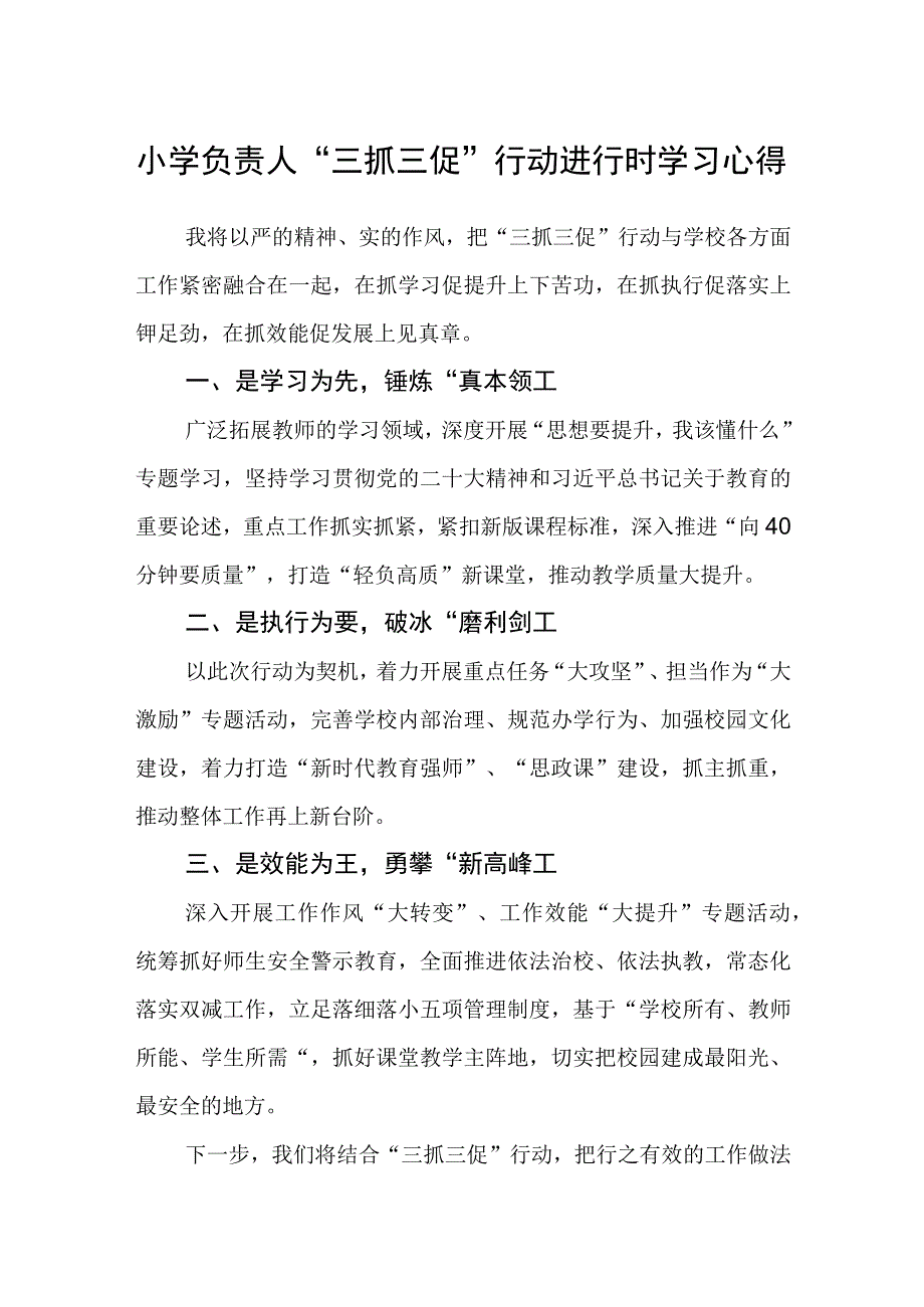 共三篇小学负责人三抓三促行动进行时学习心得.docx_第1页