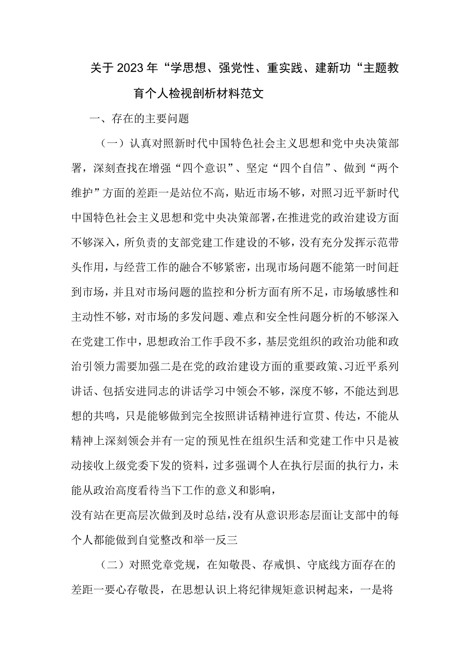 关于2023年学思想强党性重实践建新功主题教育个人检视剖析材料范文.docx_第1页