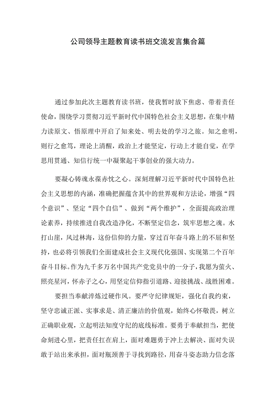 公司领导主题教育读书班交流发言集合篇.docx_第1页