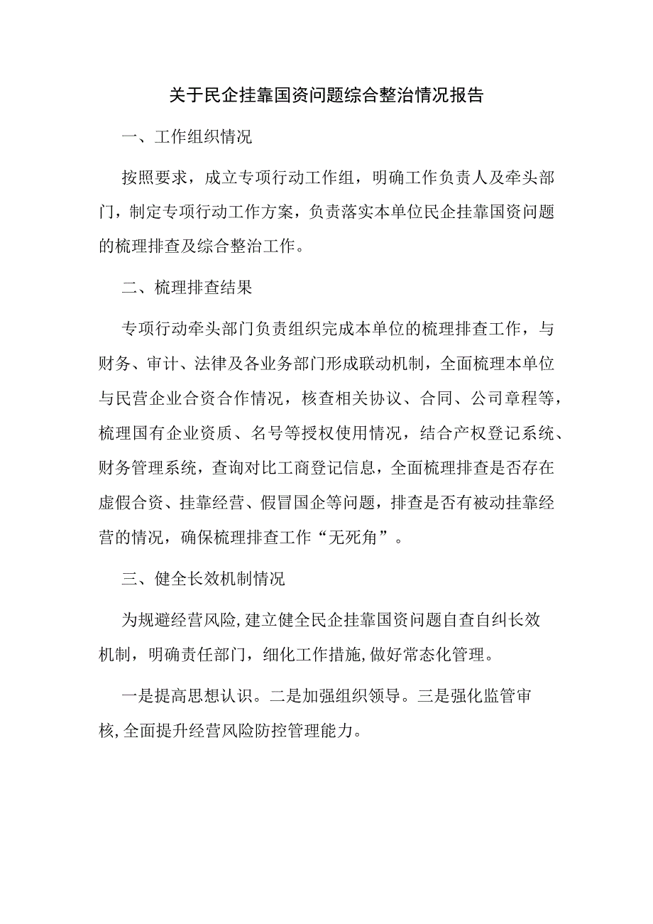 关于民企挂靠国资问题综合整治情况报告.docx_第1页