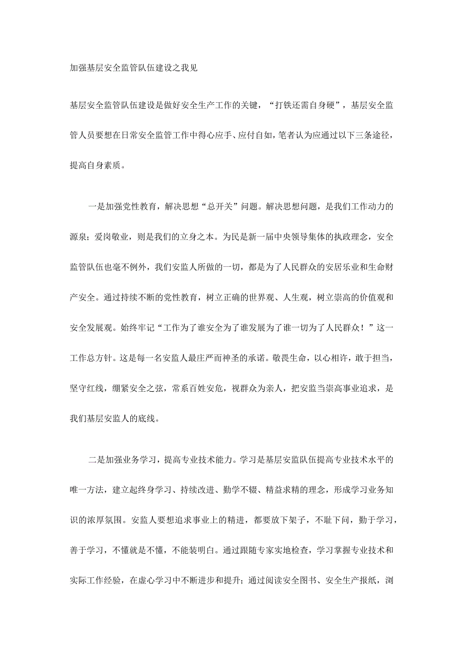 加强基层安全监管队伍建设之我见.docx_第1页