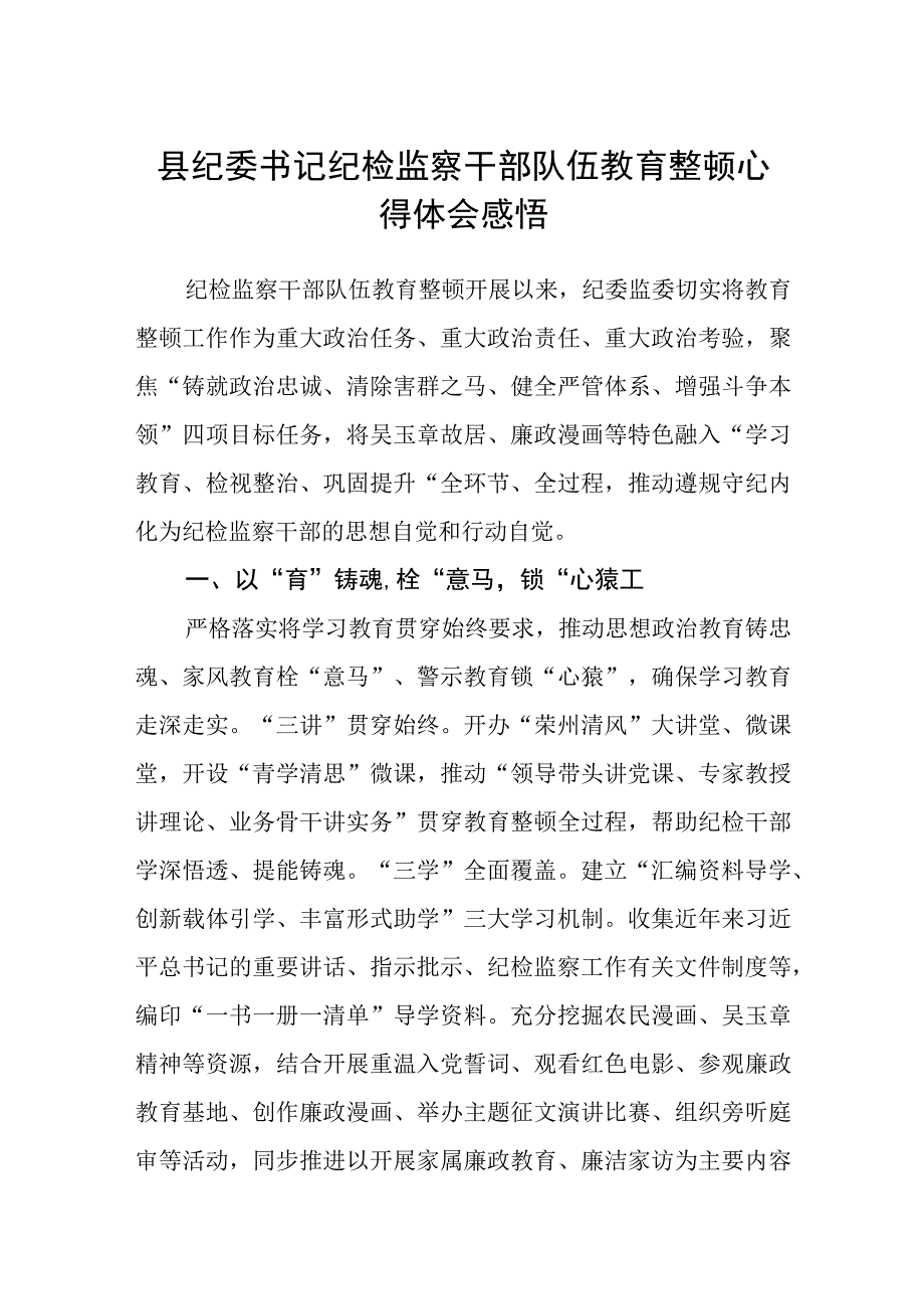 县纪委书记纪检监察干部队伍教育整顿心得体会感悟三篇.docx_第1页