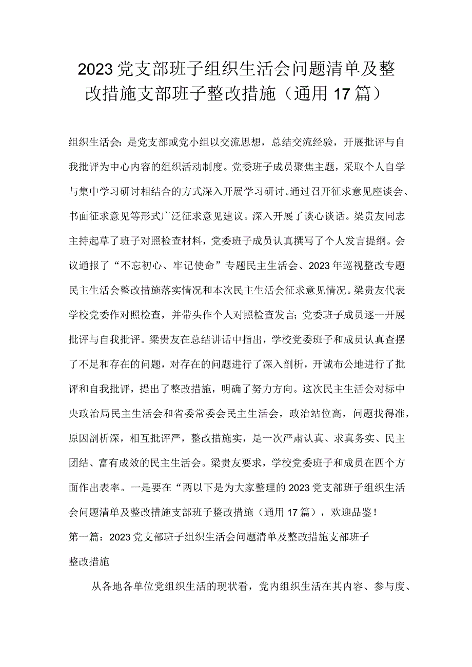 2023党支部班子组织生活会问题清单及整改措施支部班子整改措施通用17篇.docx_第1页