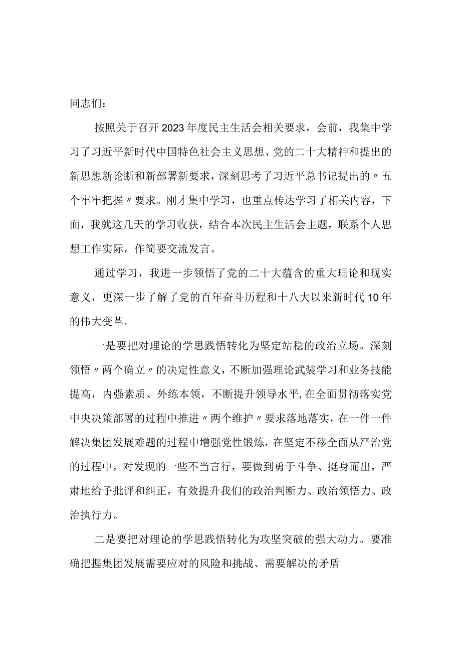 2023党员干部班子成员2023年民主生活会会前集中学习研讨发言提纲材料5篇.docx_第2页