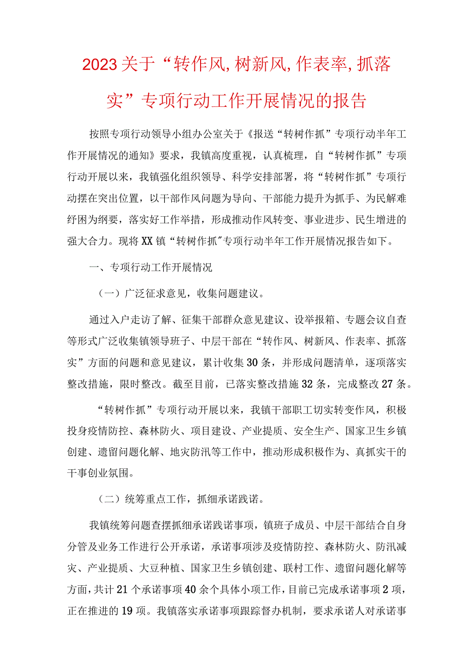 2023关于转作风树新风作表率抓落实专项行动工作开展情况的报告.docx_第1页