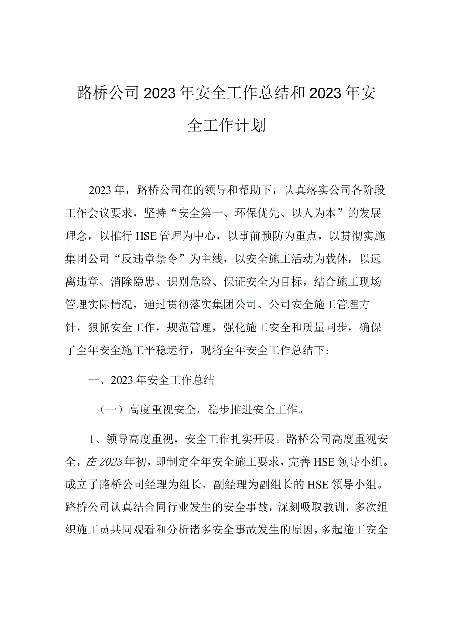 2023公司安全工作总结和计划.docx_第1页