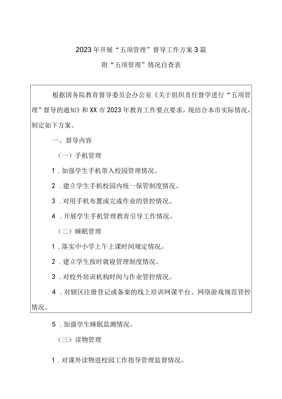 2023 年开展五项管理 督导工作方案3篇 附：五项管理情况自查表.docx_第1页