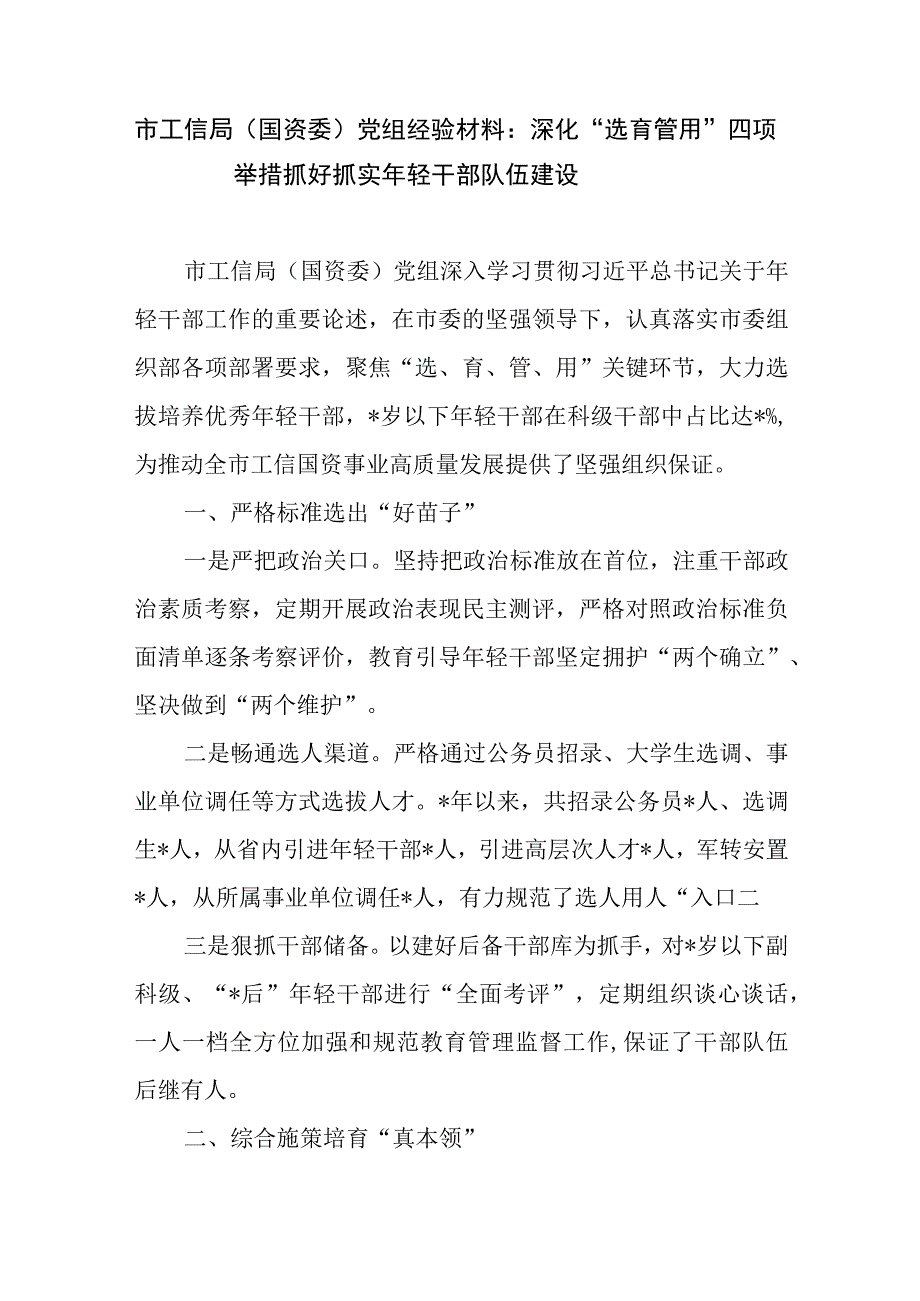 2023市工信局国资委党组某县区县委组织部年轻干部队伍建设监督经验材料4篇.docx_第2页