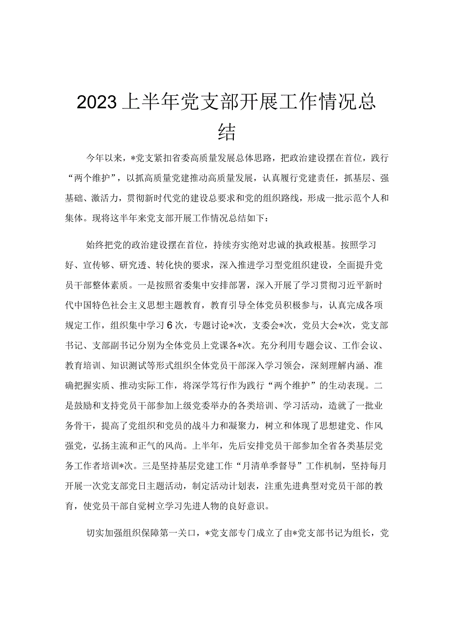 2023上半年党支部开展工作情况总结.docx_第1页