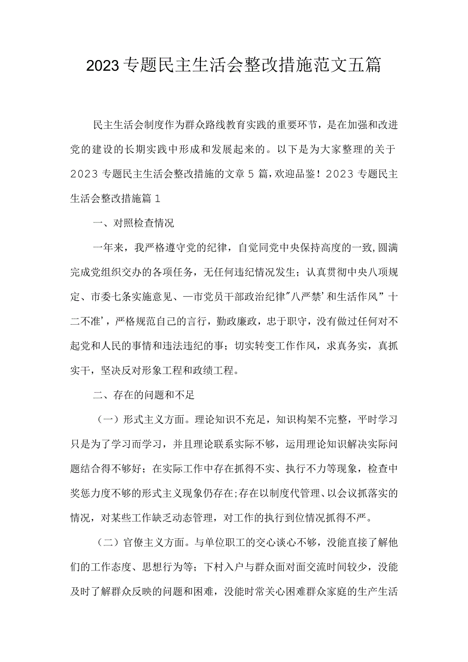 2023专题民主生活会整改措施范文五篇.docx_第1页