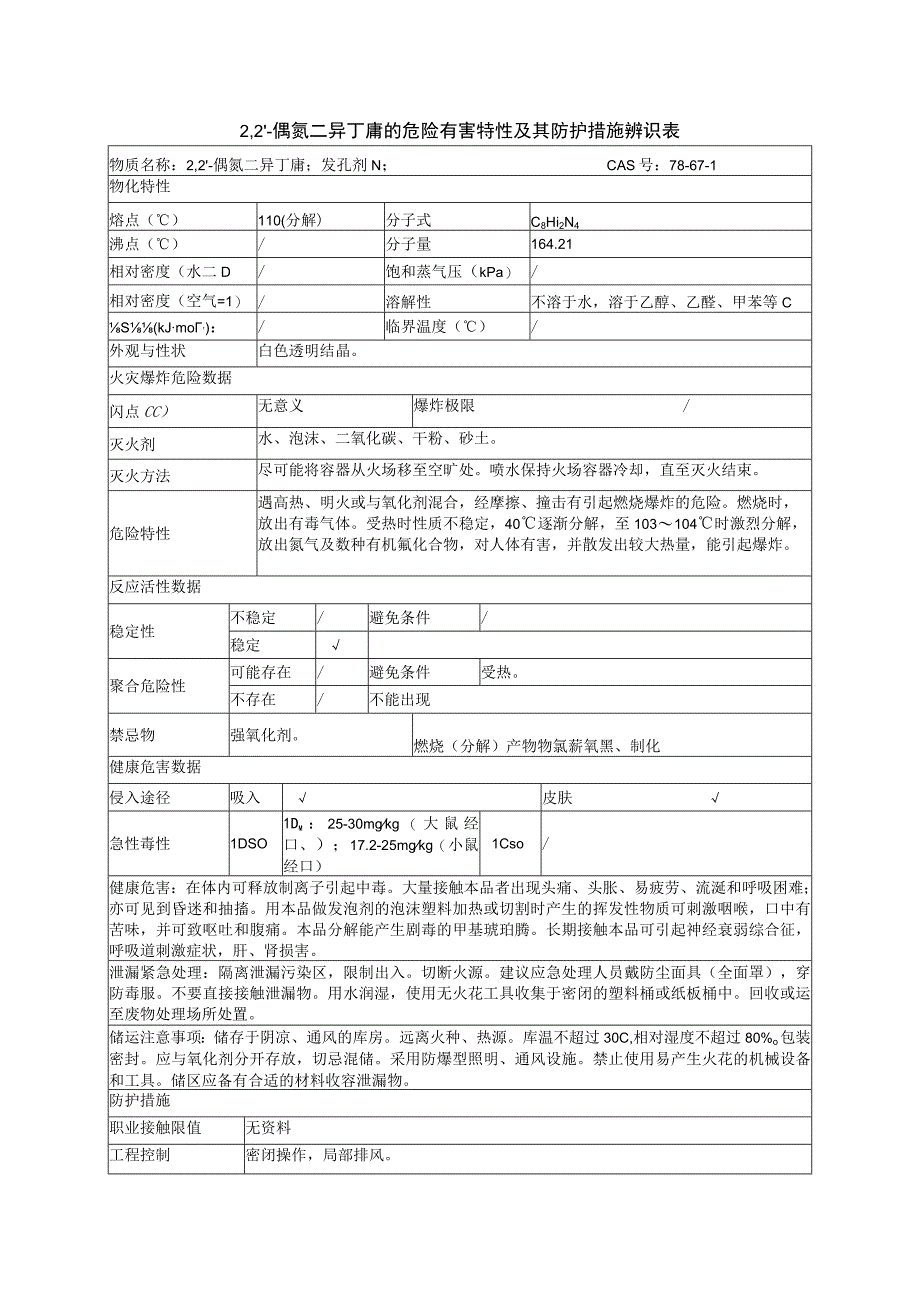 2,2'偶氮二异丁腈的危险有害特性及其防护措施辨识表.docx_第1页