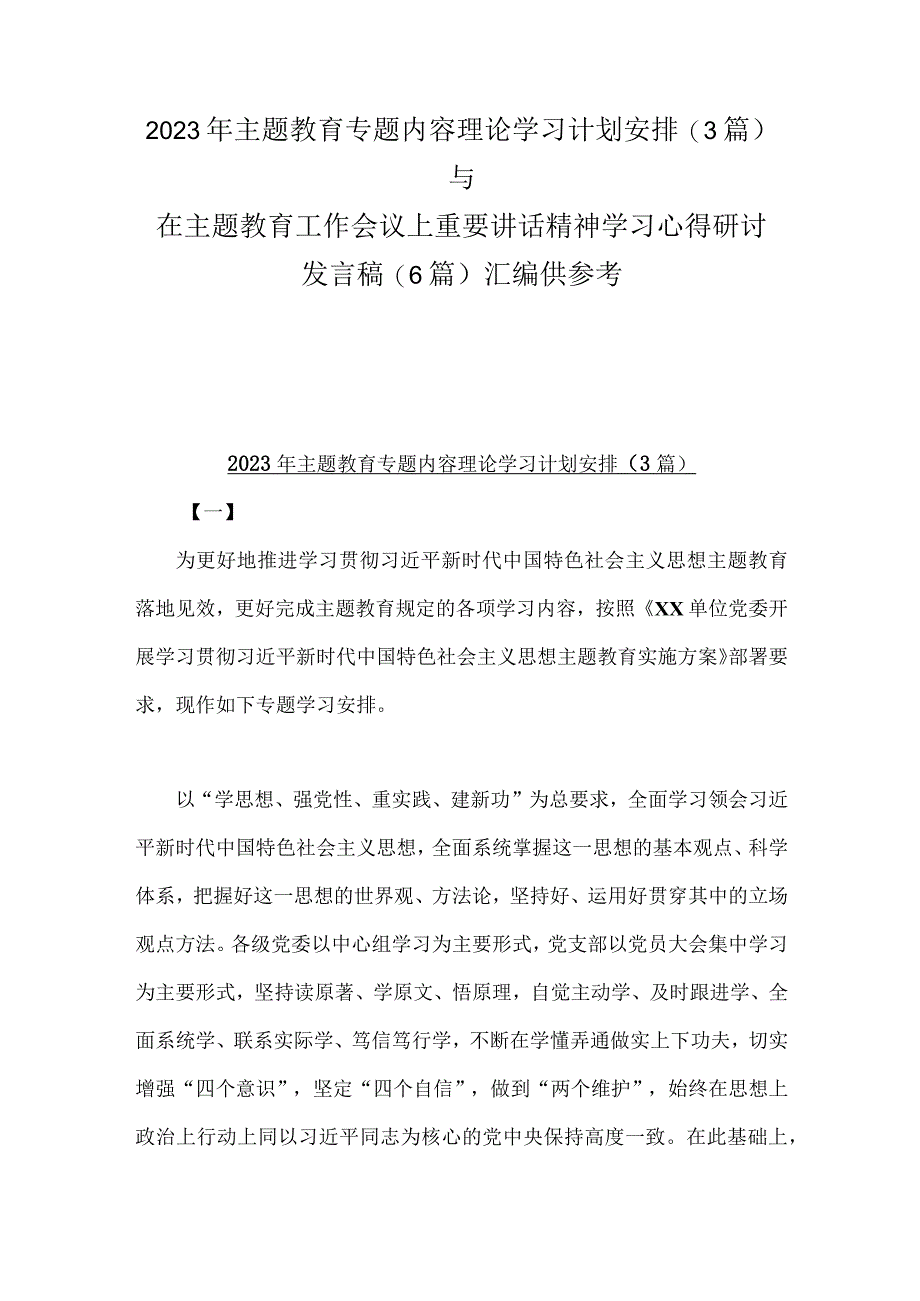 2023年主题教育专题内容理论学习计划安排3篇与在主题教育工作会议上重要讲话精神学习心得研讨发言稿6篇汇编供参考.docx_第1页