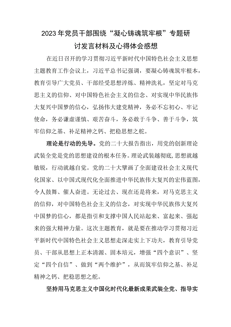 2023年党员干部围绕凝心铸魂筑牢根专题研讨发言材料及心得体会感想.docx_第1页