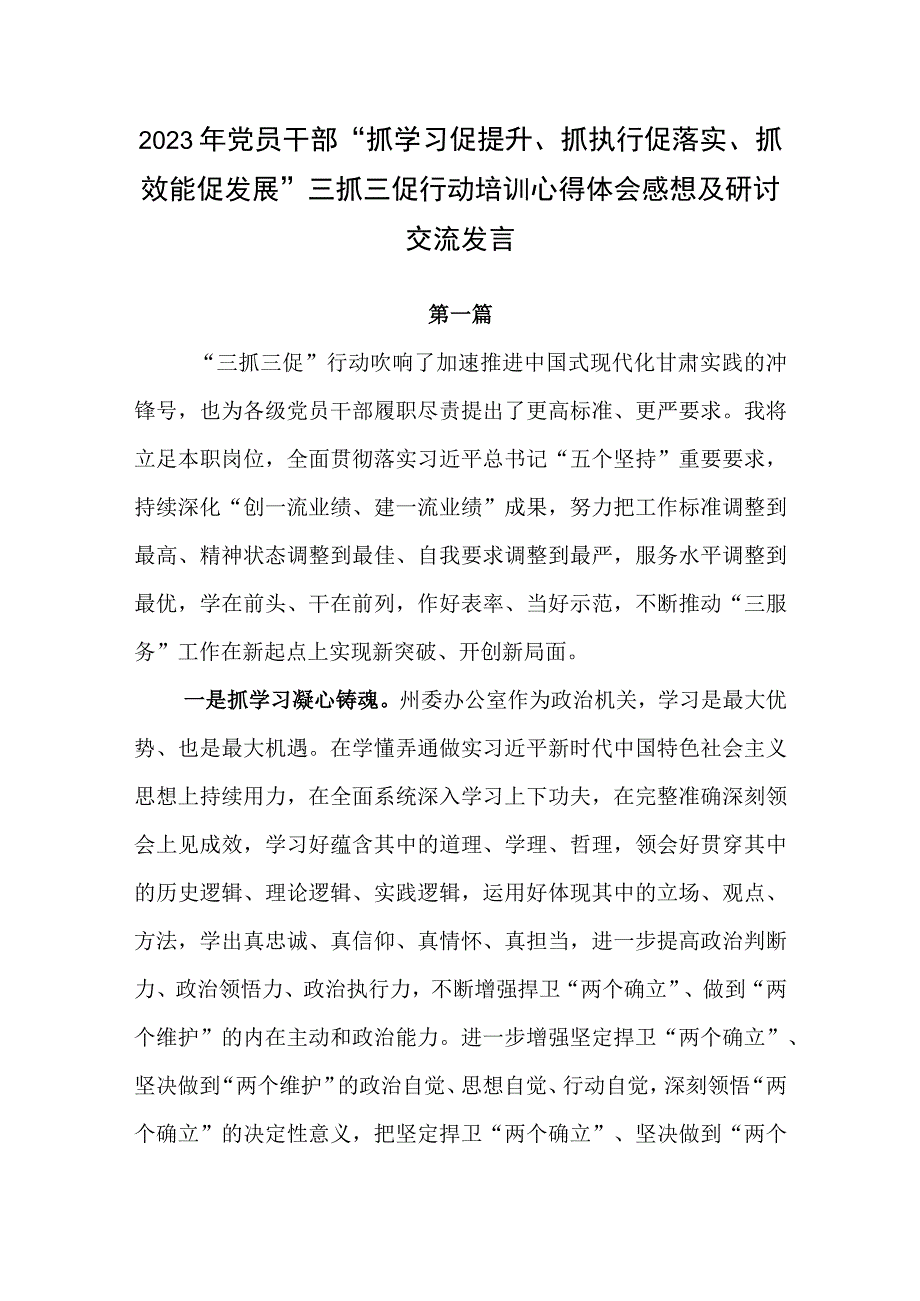 2023年党员干部抓学习促提升抓执行促落实抓效能促发展三抓三促行动培训心得体会感想及研讨交流发言5篇.docx_第1页