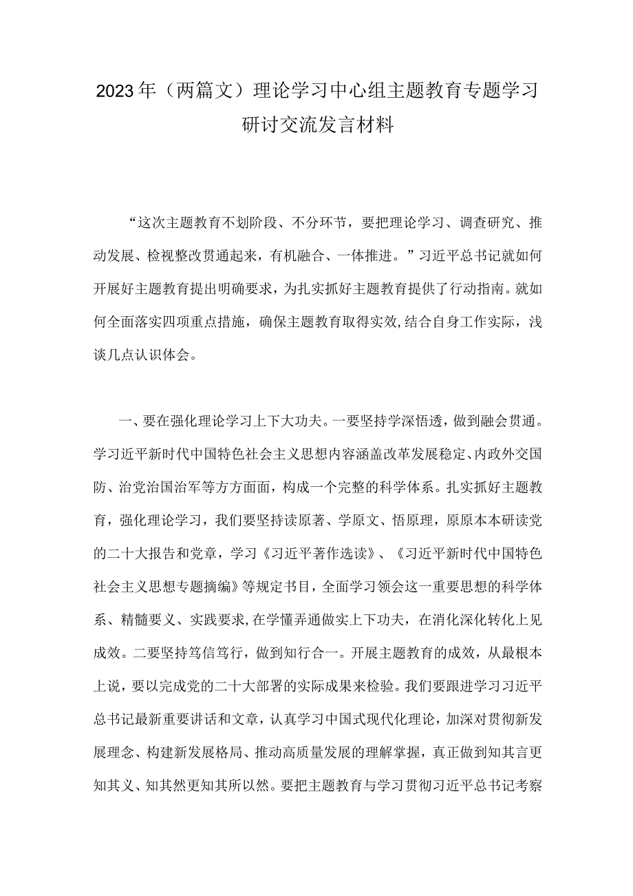 2023年两篇文理论学习中心组主题教育专题学习研讨交流发言材料.docx_第1页