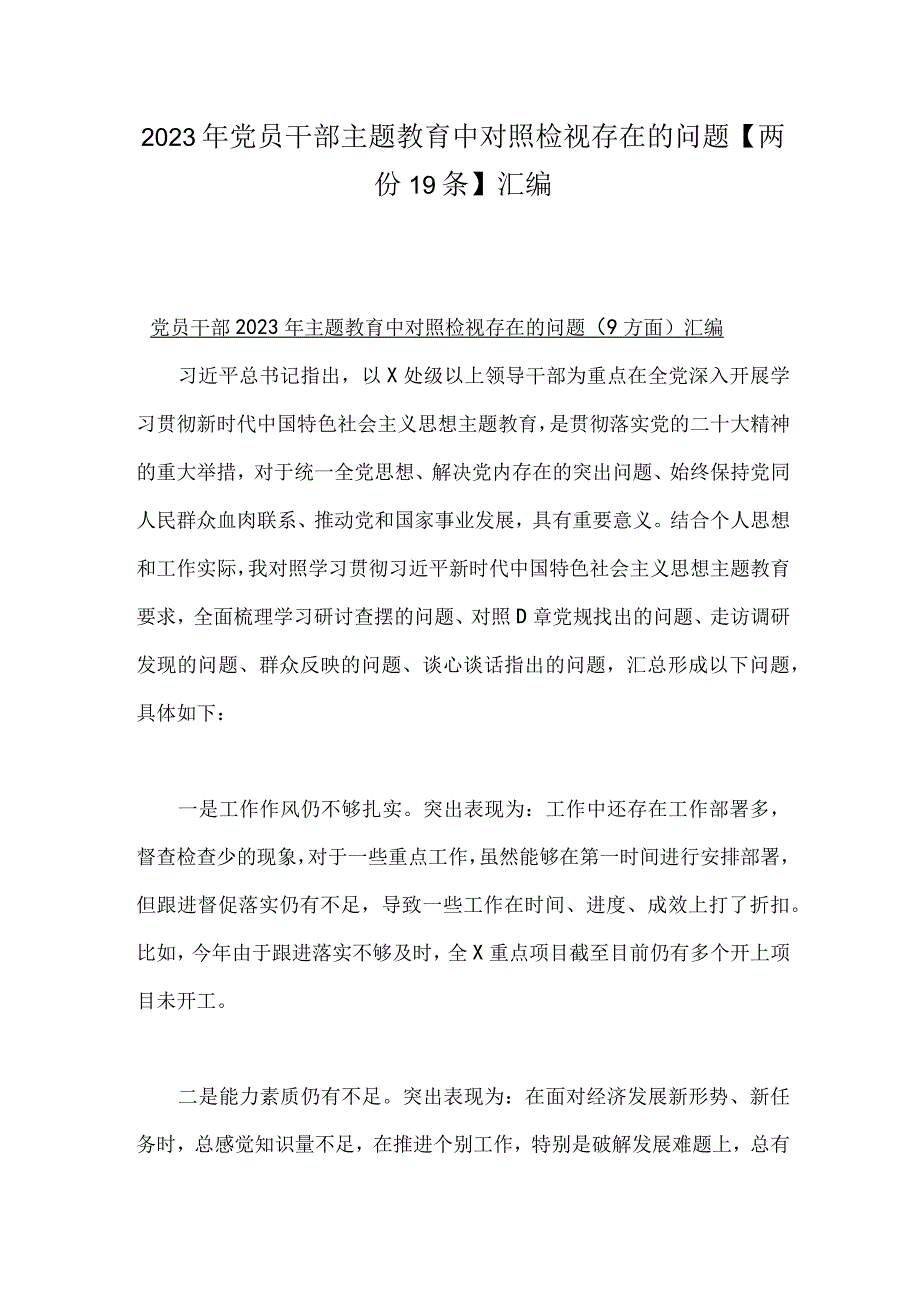 2023年党员干部主题教育中对照检视存在的问题两份19条汇编.docx_第1页