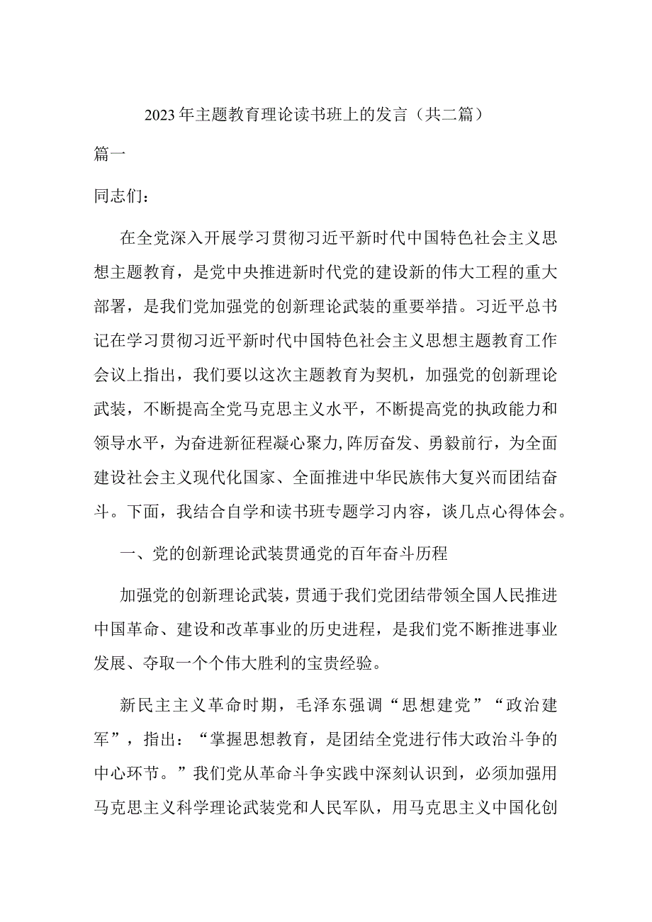 2023年主题教育理论读书班上的发言共二篇.docx_第1页