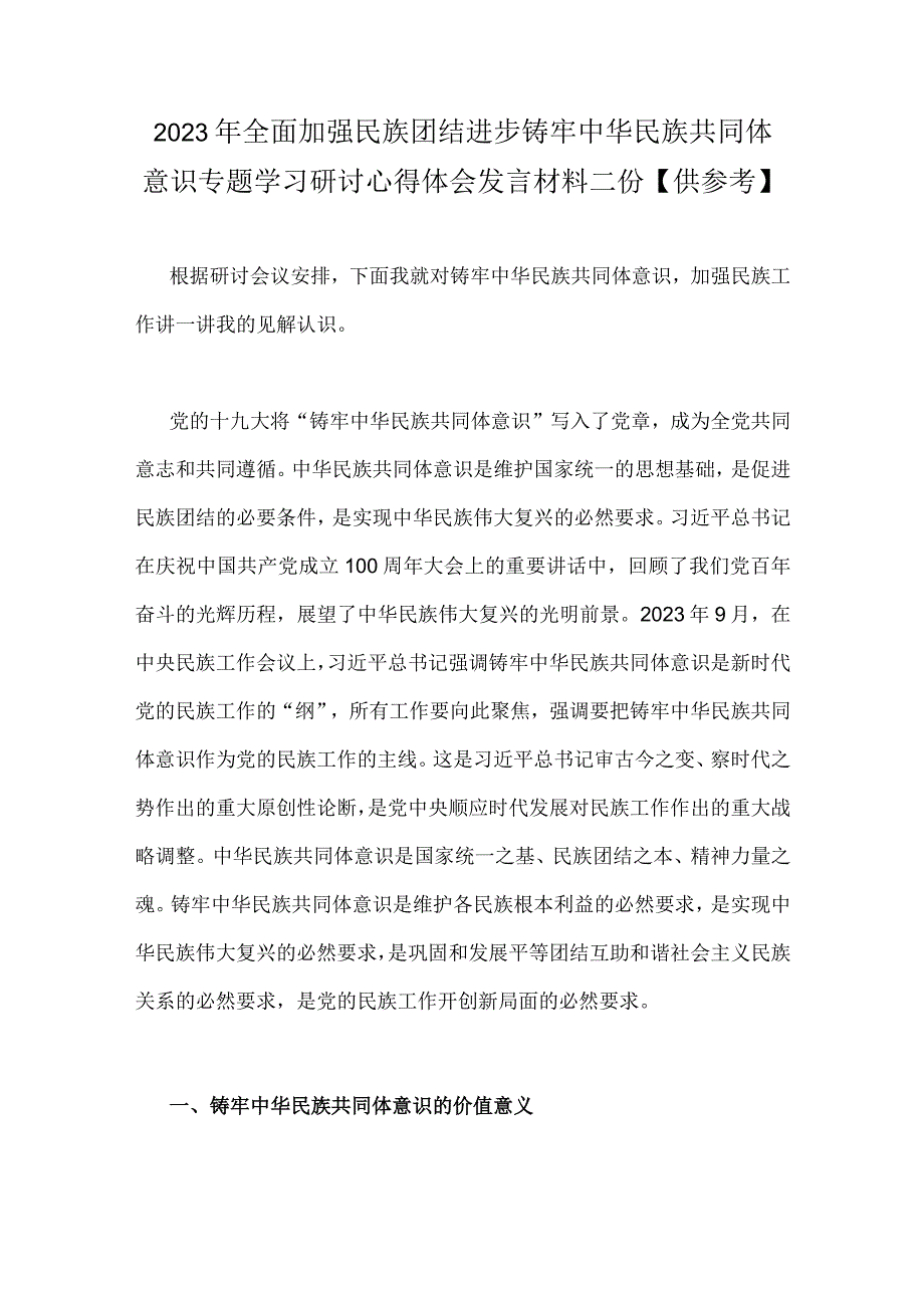 2023年全面加强民族团结进步铸牢中华民族共同体意识专题学习研讨心得体会发言材料二份供参考.docx_第1页