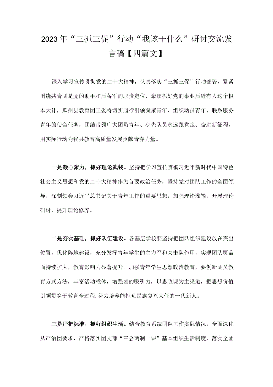 2023年三抓三促行动我该干什么研讨交流发言稿四篇文.docx_第1页