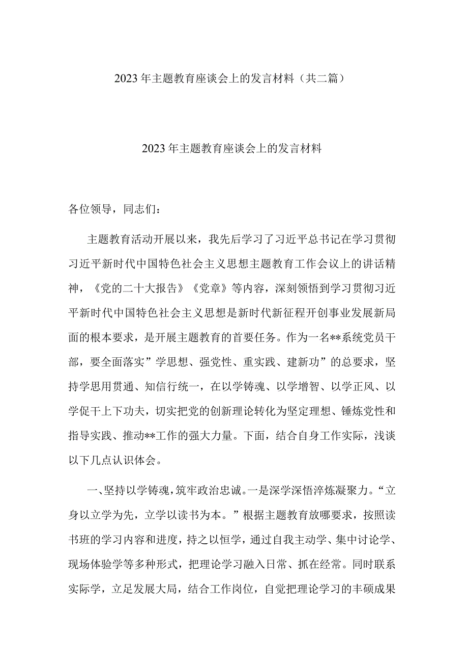 2023年主题教育座谈会上的发言材料共二篇.docx_第1页