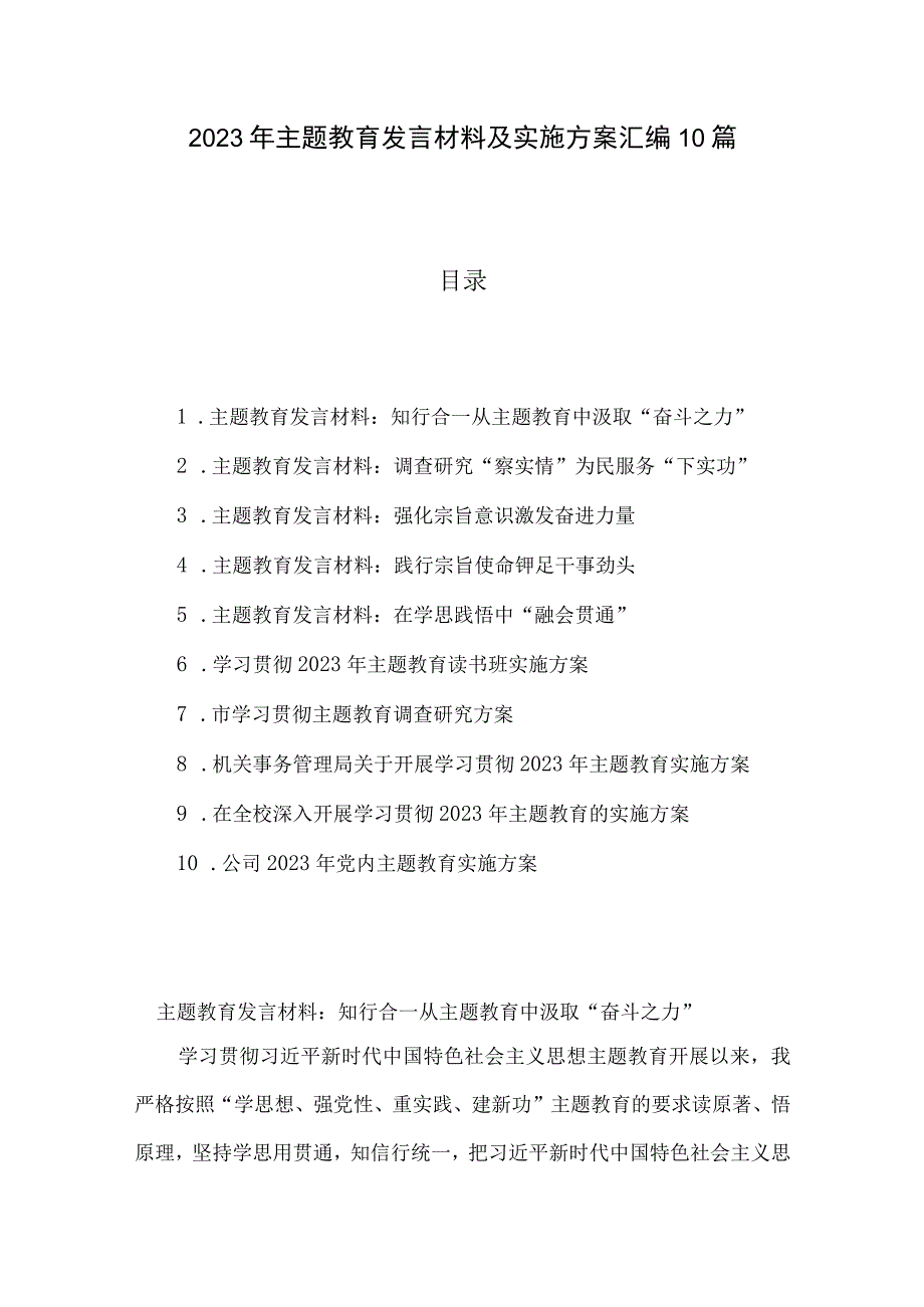 2023年主题教育发言材料及实施方案汇编10篇.docx_第1页