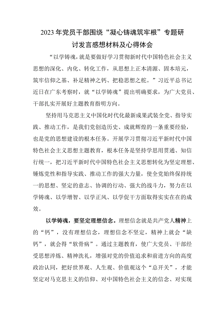 2023年党员干部围绕凝心铸魂筑牢根专题研讨发言感想材料及心得体会.docx_第1页