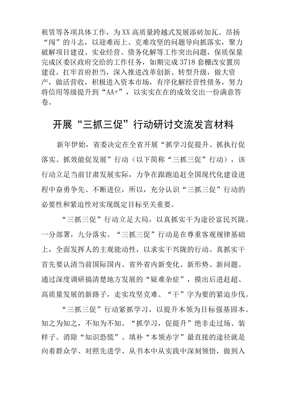 2023年全面开展抓学习促提升抓执行促落实抓效能促发展三抓三促行动研讨心得发言材料范文参考三篇.docx_第2页