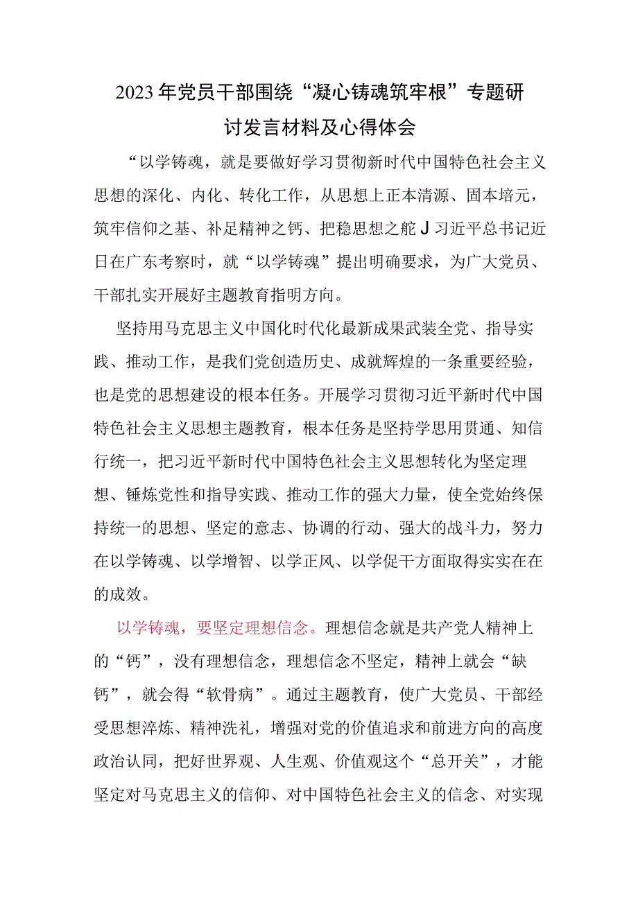 2023年党员干部围绕凝心铸魂筑牢根专题研讨发言材料及心得体会.docx_第1页