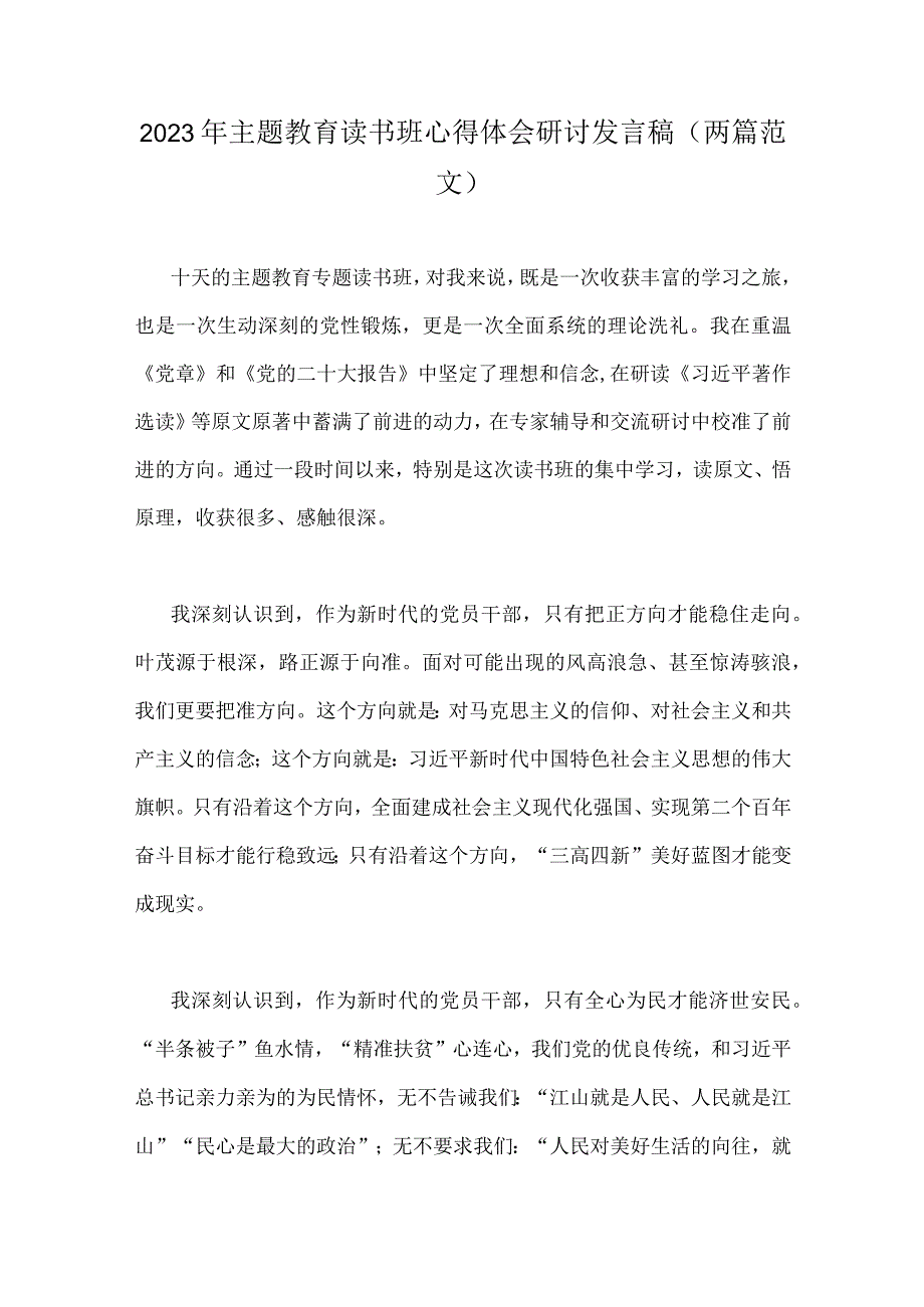 2023年主题教育读书班心得体会研讨发言稿两篇范文.docx_第1页