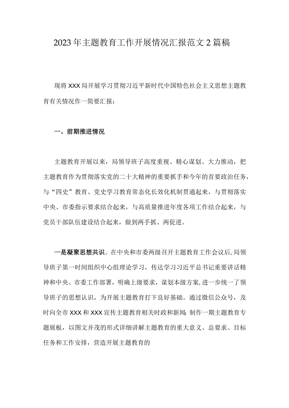 2023年主题教育工作开展情况汇报范文2篇稿.docx_第1页