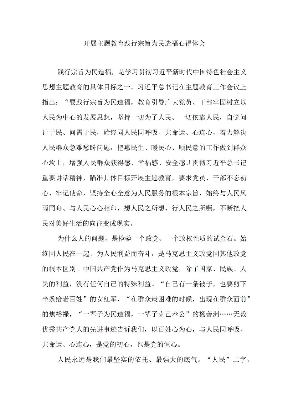 2023年党员干部开展主题教育践行宗旨为民造福心得体会研讨发言.docx_第1页