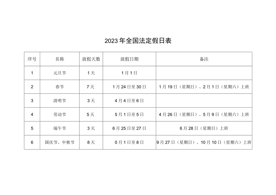 2023年全国法定假日表.docx_第1页